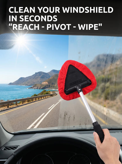 Windshield Window Cleaner Tool, Extendable Long-Reach Handle, Unique Pivoting Triangular Head, 3 Washable Reusable Microfiber Bonnets, Car & Home Inside Interior Exterior Use - Lint Free (Red)