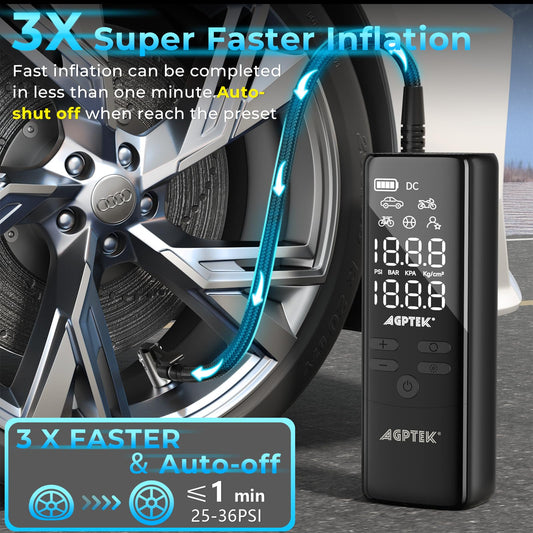 Pocket Air Compressor, Tire Inflator Portable12V DC Cordless & Battery Dual Power Air Pump for Car Tires with Storage Port, 150PSI Smart Tire Pump with Pressure Gauge, LED for Car,Bike,Motor,Ball
