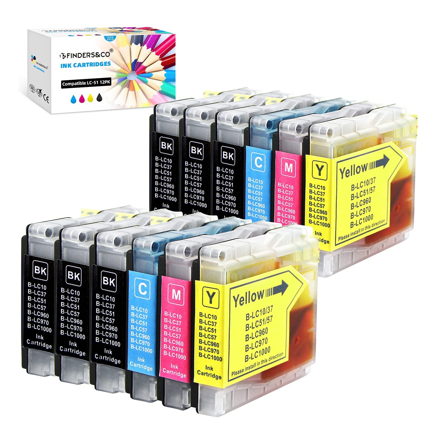 LC51 Ink Cartridges Replacement for Brother LC-51 Series Ink Work with Brother DCP-350C MFC-240C MFC-440CN MFC-685CW MFC-465CN MFC-665CW Printer (6BK 2C 2M 2Y, 12-Pack)