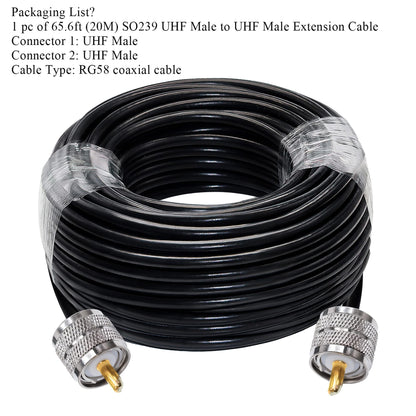 PL259 Cable RG58 CB Radio Cable PL259 Jumper 65.6ft (20M) SO239 UHF Male to Male Extension Low Loss RF Black Coaxial for Two Way RadioWireless LAN Devices