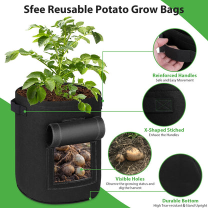 Sfee 10 Gallon Grow Bags, 3 Pack 400GSM Thickened Potato Grow Bags with Reinforced Handles, Double Layer Non-Woven Fabric Pots Heavy Duty Garden Bags to Grow Vegetables Carrot Onion+3 Garden Labels