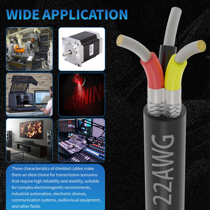 22 Gauge 3 Conductor Shielded Wire 25FT, UL2464 22 AWG 3 Core Cable Tinned Copper Stranded 22/3 CNC Wire for CNC VFD Spindle, Stepper Motor, 3D Printer, Sound, Speaker, Signal Transmission, etc.
