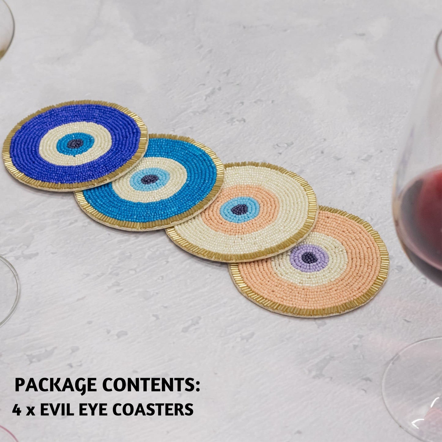 Folkulture Beaded Coasters for Drinks | Set of 4 (4") Round Decorative Bar Coasters for Table Décorations | Cute Boho Coaster Set for Cocktail | Modern Coaster | Evil Eye Gifts for Her