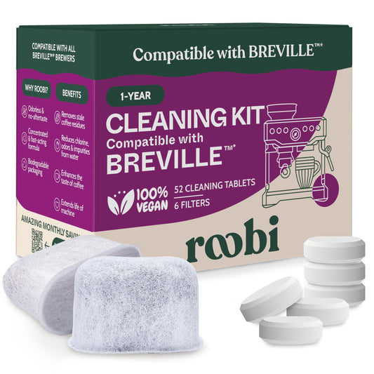 Roobi Cleaning Kit Compatible with Breville Espresso. Includes 52 Espresso Cleaning Tablets and 6 Water Filters. Carbon Neutral. 1 Year Supply.