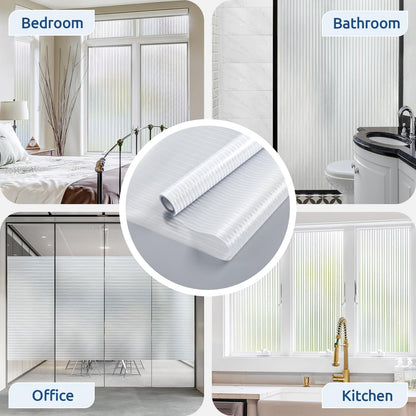 rabbitgoo Reeded Glass Window Privacy Film, Non Adhesive Frosted Window Film, UV Heat Blocking Decorative Vinyl Daytime Night Privacy Clings for Bathroom Living Room, 23.6 x 78.7 Inches