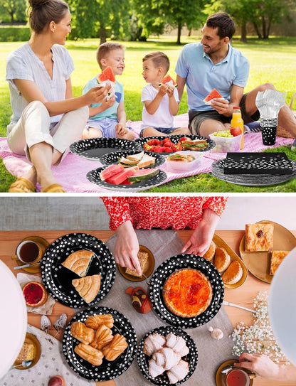 Nkaiso Paper Plates Napkins Cups Set, 141 Pieces Black and Silver Kids Birthday Party Tableware Party Supplies Set Includes Paper Plates Napkins Cutlery for Wedding Shower Engagement -20 Guests