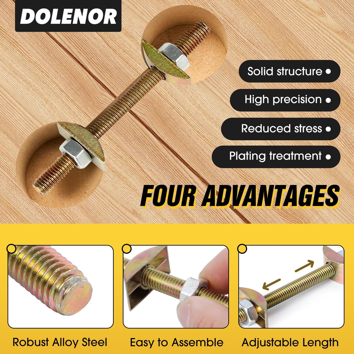 Countertop Joint Connectors,Counter Top Fasteners Bolt,Butcher Block Fasteners Draw Bolts,Miter Bolts Connector Hardware for Bed Frame,Furniture,Table (Yellow M8 100mm)