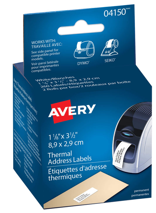 AVERY Address Labels for Thermal Label Printers, 3-1/2" x 1-1/8", White, Rectangle, 260 Labels, Permanent (4150)