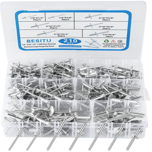 Besitu 210Pcs Pop Rivets Assortment Kit, 1/8" 3/16" 1/4" Large Flange Solid Rivets Set Aluminum Grip Stainless Steel Mandrel Blind Rivets for Metal Heavy Duty