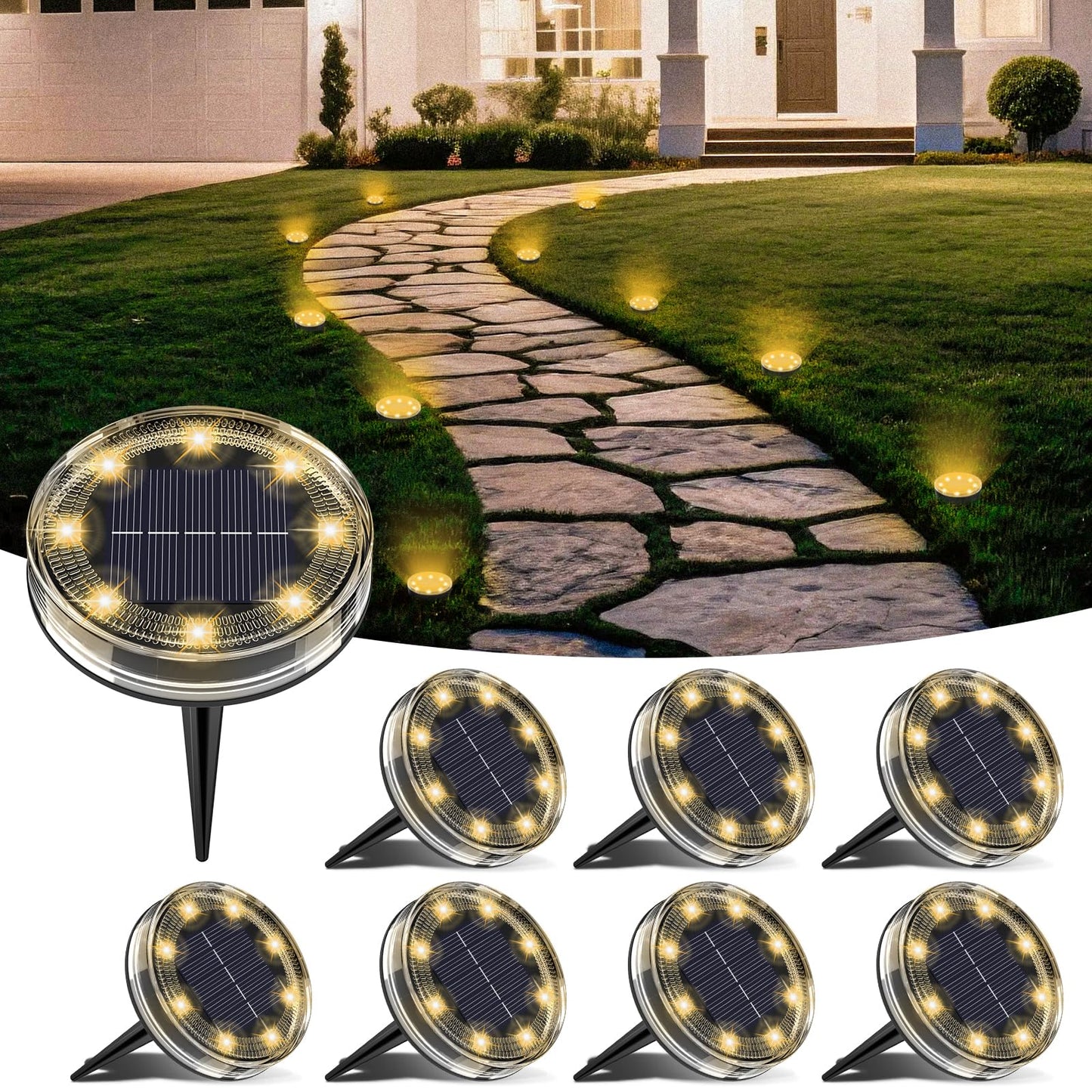 LOTMOS Solar Ground Lights Outdoor, 8 Pack 8 LED Garden Lights Solar Powered, Waterproof Pathway Disk Lights, Mini Puck Landscape Lighting for Pool Walkway Lawn Driveway Patio Yard, Warm White