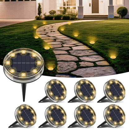 LOTMOS Solar Ground Lights Outdoor, 8 Pack 8 LED Garden Lights Solar Powered, Waterproof Pathway Disk Lights, Mini Puck Landscape Lighting for Pool Walkway Lawn Driveway Patio Yard, Warm White