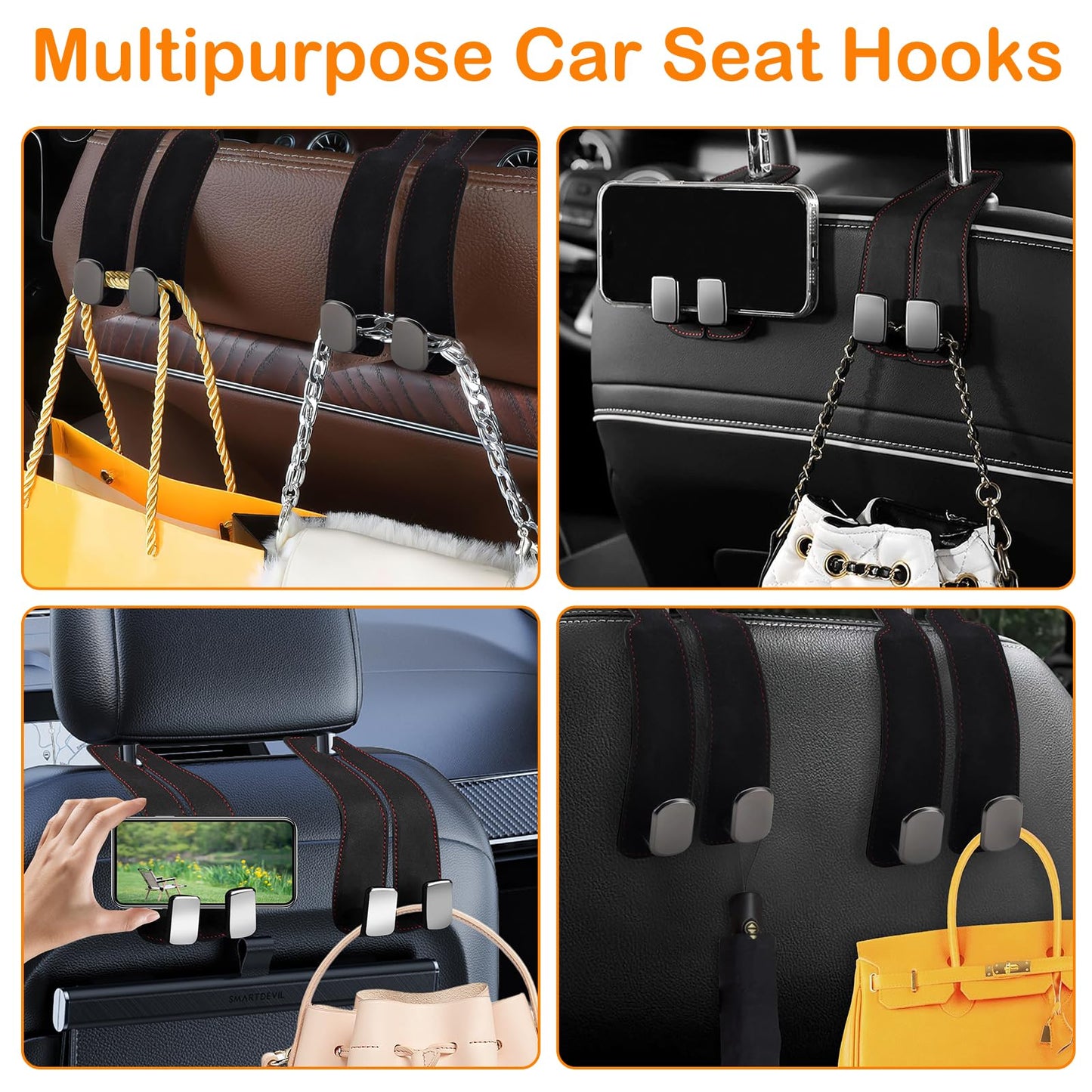 4Pcs Car Seat Back Double Hook,Car Hooks for Headrest, Double Headrest Hooks Purse Holder & Mobile Phone Holder,Multifunctional Hook for Car Seat Back, Car Headrest Hooks for Purses and Bags(Black)