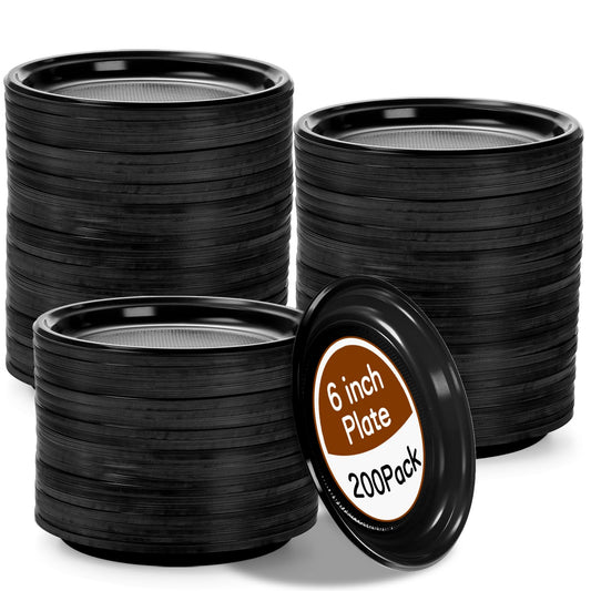 Coloch 200 Pieces 6 Inch Black Disposable Plates, Plastic Dessert Plates Bulk Round Party Plate Multi-Purpose Appetizer Plates for Cake, Dessert, Fruit, Barbecue, Party, Picnic, Wedding
