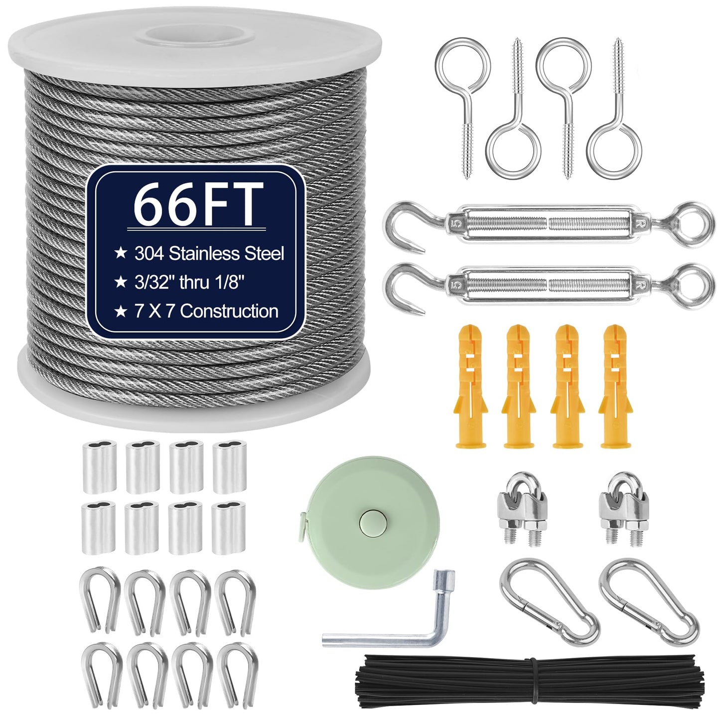 phepetroll 1/8" Wire Rope Kit 66FT Stainless Steel Aircraft Cable with M5 Turnbuckles, 7x7 Strand Core Vinyl Coated Guy Wire Tensioner Kit for Garden String Light, Pictuer, Clothes, Curtain Hanging