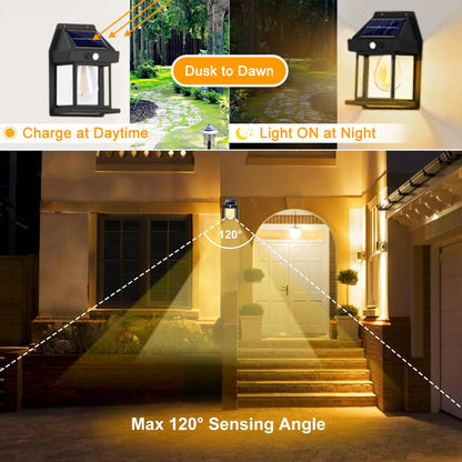 Joomer Solar Wall Lights Outdoor 4PACK, Dusk to Dawn Porch Lights Fixture, Waterproof Exterior Lighting with Clear Panel for Entryway Front Door, Solar Wall Lantern with 3 Modes & Motion Sensor