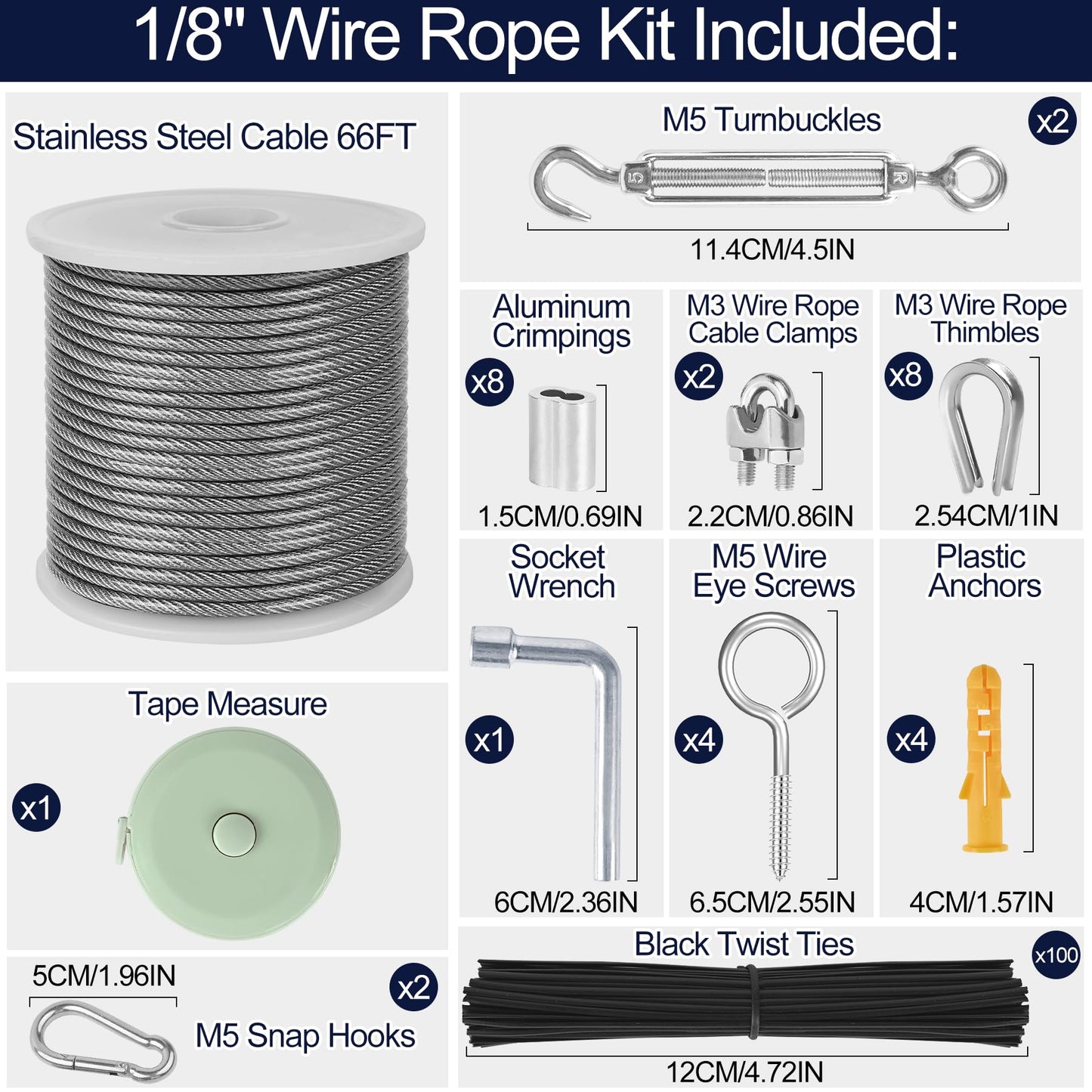 phepetroll 1/8" Wire Rope Kit 66FT Stainless Steel Aircraft Cable with M5 Turnbuckles, 7x7 Strand Core Vinyl Coated Guy Wire Tensioner Kit for Garden String Light, Pictuer, Clothes, Curtain Hanging