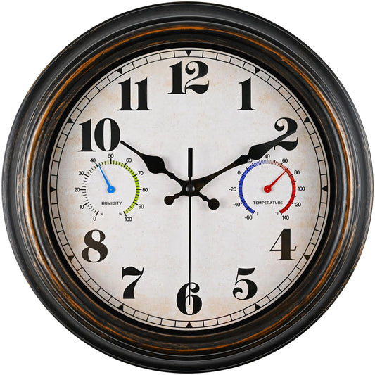 Outdoor Clock Thermometer Combo - Retro Silent Wall Clocks, 12Inch Large Indoor Outdoor Clock with Temperature and Humidity，Battery Operated Non Ticking Classic Vintage Clocks Wall Decorative
