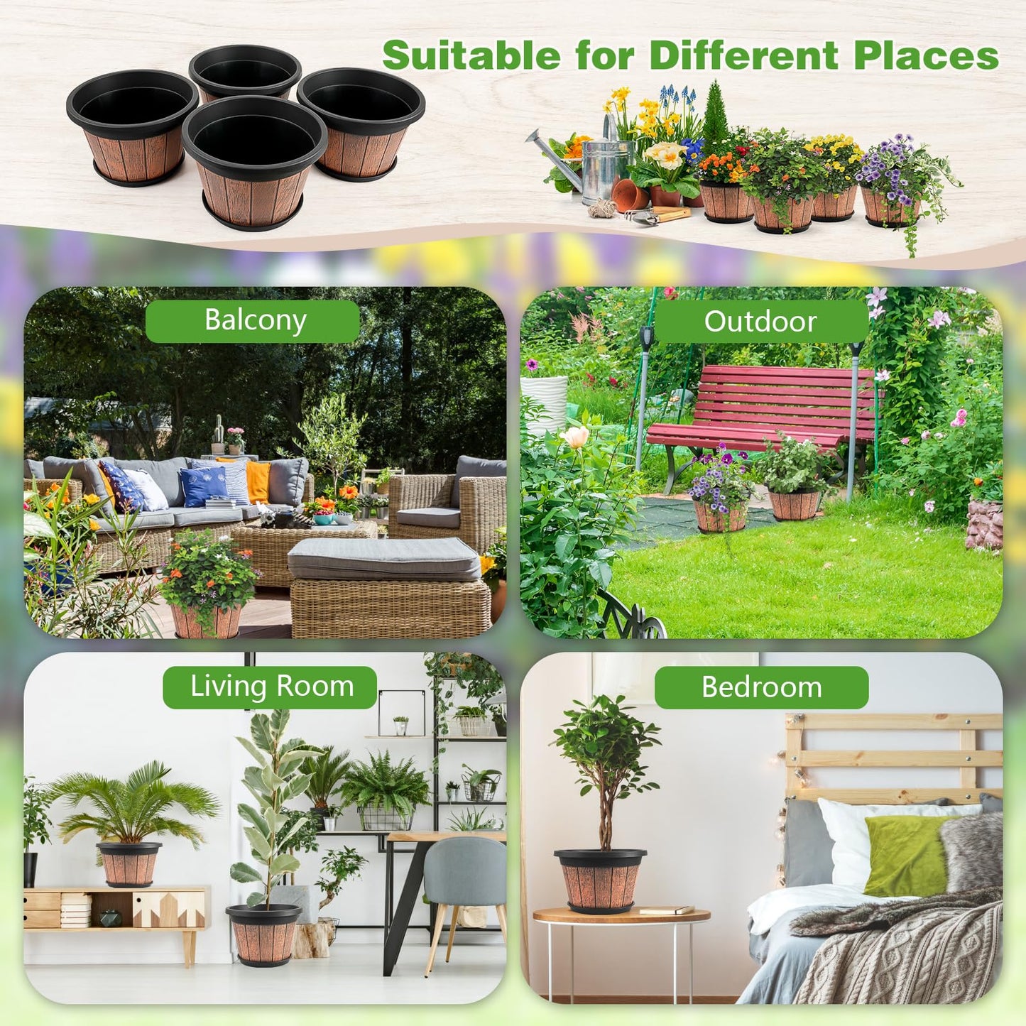 Quarut 4 Pack 10 inch Plant Pots,Whiskey Barrel Planters with Drainage Holes & Saucer,Plastic Decoration Flower Pots Retro Design,Planters for Outdoor Indoor Garden Home Plants (Brown)