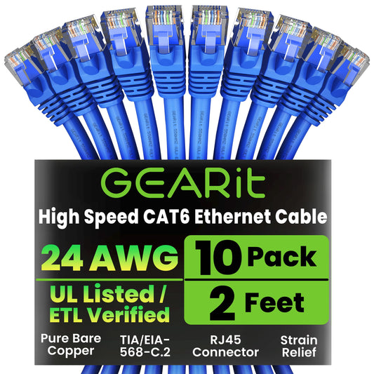 GearIT Cat 6 Ethernet Cable 2 ft (10-Pack) - Cat6 Patch Cable, Cat 6 Patch Cable, Cat6 Cable, Cat 6 Cable, Cat6 Ethernet Cable, Network Cable, Internet Cable - Blue 2 Feet