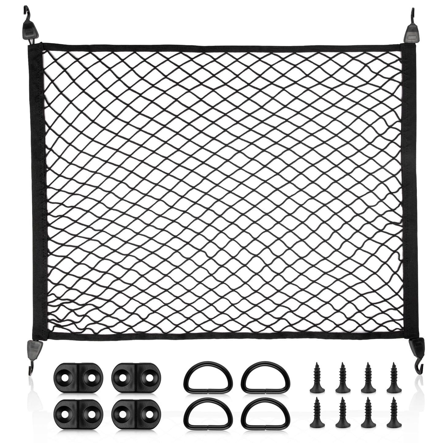 RED WOLF Elastic Cargo Net for SUV Pickup Trunk Bed Netting Trunk Bed Cover Net Stretchable Mesh Organizer 32" x 24" Stretch to 63"x43" with Fixing Hooks D-Rings
