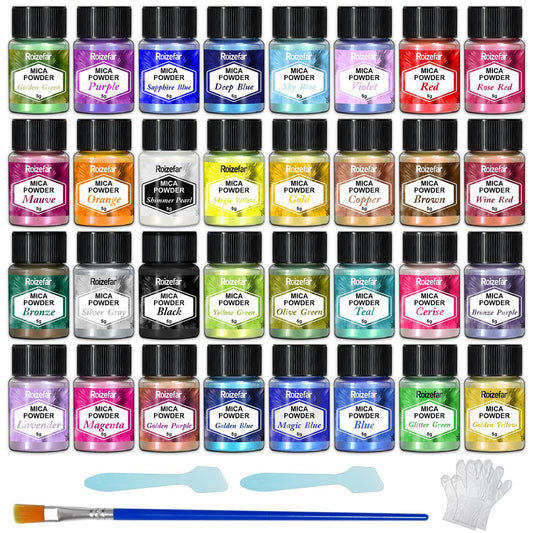 Roizefar Mica Powder - 32 Colors x 5 g Pearlescent Resin Color Pigment - Glitter Mica Powder for Epoxy Resin, Soap Paint, Resin Dye, Candle Making, Bath Bombs, Slime