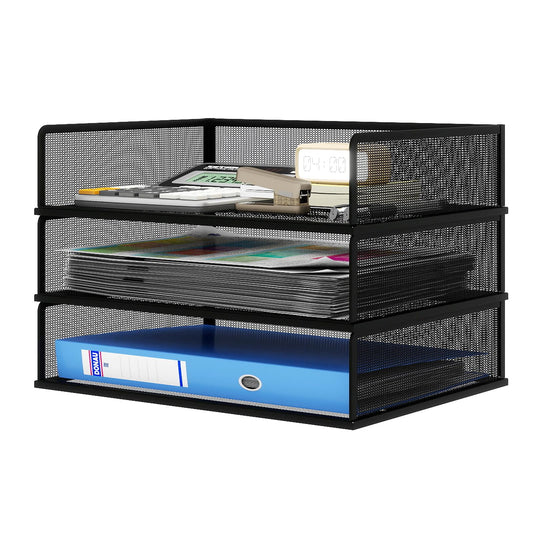 Natwind 3 Tier Stackable Paper Trays for Letter Documents, Desktop File Organizers for Office Supplies, Metal Mesh Desk Organizer，Office Organizer，Letter Trays for Home, Office, School，Black