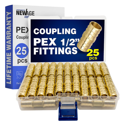 New Age America® 25pcs 1/2" Coupling PEX Fittings AquaFlow 360™ | 25 PC PEX Coupling | Brass | Barb PEX Fittings for PEX Pipe | Lead-Free Brass Fittings | NSF, UPC, CUPC, ASTM F1807 Certified PEX