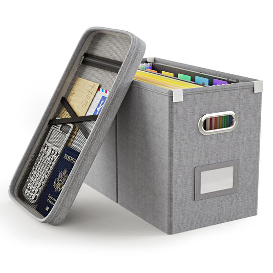Oterri File Organizer Box, File Box for Letter Size Files Storage, Hanging File Folder Box with Mesh Pocket on Lid, Portable Filing Box with Handle for Office/Home/School(1 Pcs, Grey)