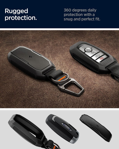 Spigen Rugged Armor Key Fob Cover with Carabiner & Keychain Designed for Ford F150, Explorer, Expedition, Maverick, Escape, Bronco, Mustang, Fuision, Lincoln 3/4/5 Button Smart Key Fobs