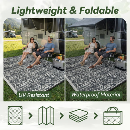 COCOER-Outdoor Rug-Patio Rug 5x8 Waterproof Outdoor Carpet Reversible Portable Camping Modern Abstract Plastic Straw RV Rugs for Picnic Beach Balcony Pool Deck Grey