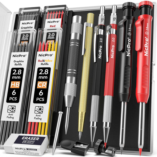 Nicpro 15 Pack Carpenter Pencil Set with Sharpener, Mechanical Carpenter Pencils with 40 Refill, Automatic Center Puncha and Carbide Scribe Tool, Heavy Duty Construction Pencil for Architect-With Case