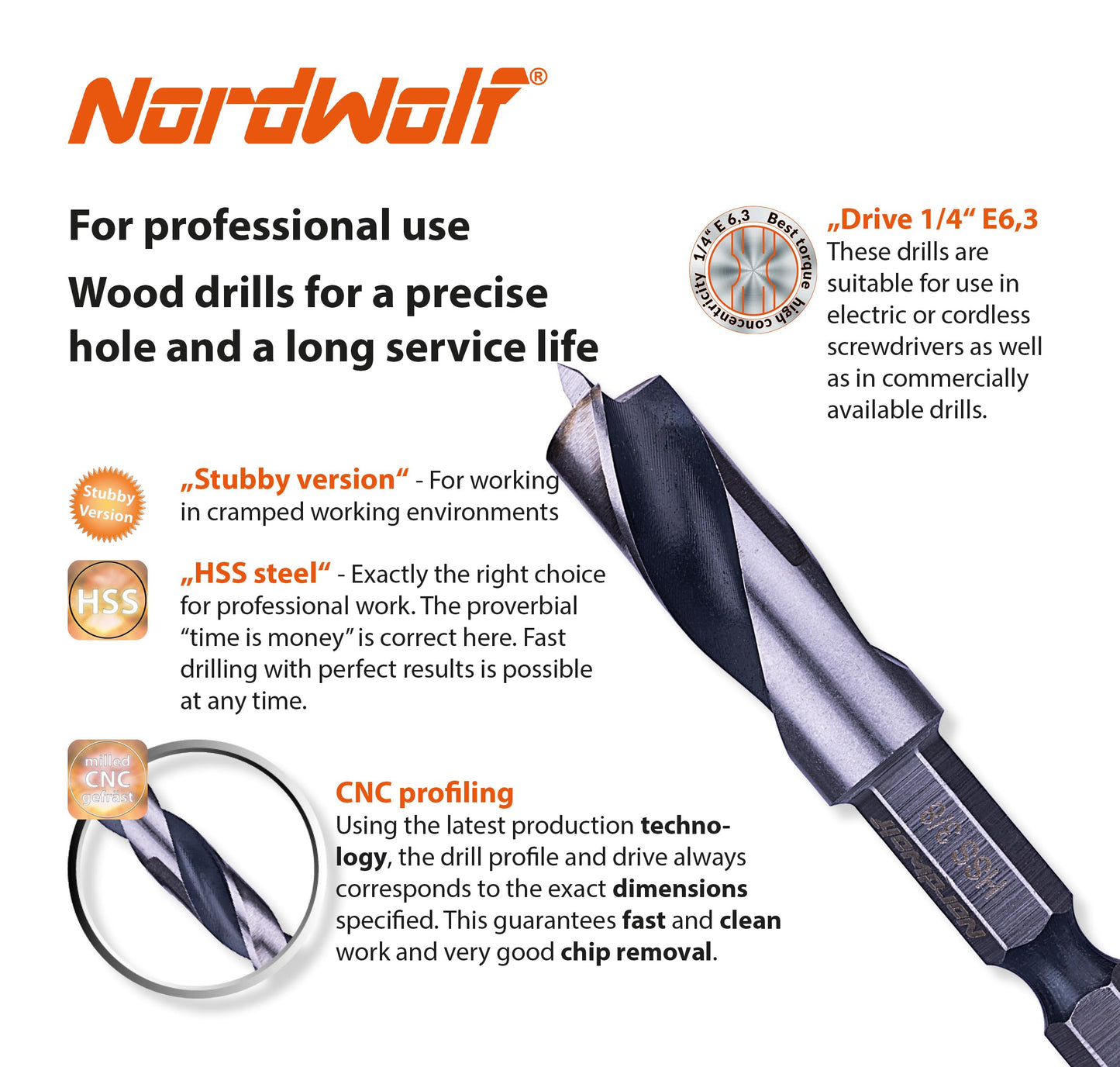 NordWolf 7-Piece HSS Brad Point Stubby Wood Drill Bit Set with 1/4" Hex Shank for Carpenter Woodworking, SAE Sizes 1/16"-3/32"-1/8"-3/16"-1/4"-5/16"-3/8"