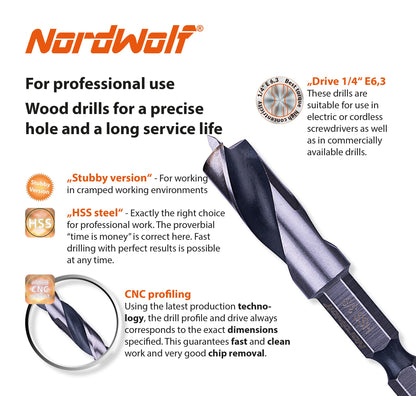 NordWolf 7-Piece HSS Brad Point Stubby Wood Drill Bit Set with 1/4" Hex Shank for Carpenter Woodworking, SAE Sizes 1/16"-3/32"-1/8"-3/16"-1/4"-5/16"-3/8"