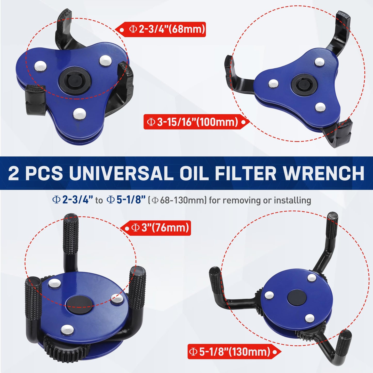 WORKPRO 2-Pack Universal Oil Filter Wrench Adjustable, 3 Jaw Oil Filter Removal Tool, Oil Filter Change Set, Ideal for Engine Filters, Conduit, & Fittings