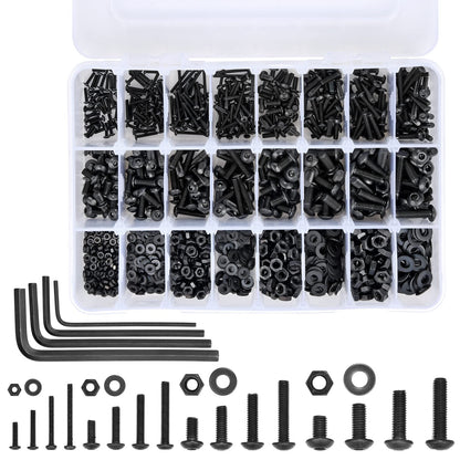 PGMJ 1500Pcs M2 M3 M4 M5 Hex Screws Nuts Washers Kit, 12.9 Grade Alloy Steel Screw and Bolt Assortment Sets (K14-1500 M2 M3 M4 M5 Button Head(Black))