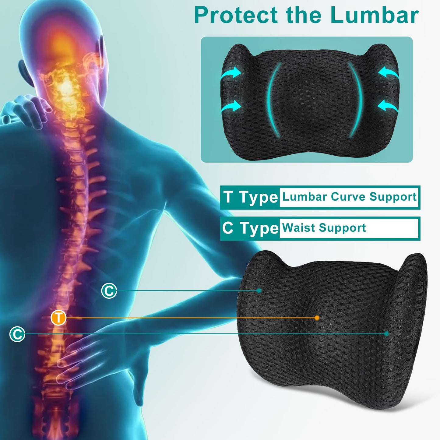 Back Support for Office Chair, Memory Foam Lumbar Pillow for Lower Back Pain Relief, Ergonomic Seat Cushion for Car, Travel, Airplane, Bed with Adjustable Strap