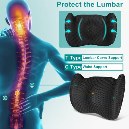 Back Support for Office Chair, Memory Foam Lumbar Pillow for Lower Back Pain Relief, Ergonomic Seat Cushion for Car, Travel, Airplane, Bed with Adjustable Strap