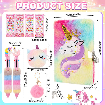 Unicorn Diary with Lock Key Fluffy Secret Notebook Travel Journal With Wallet Pen Stickers Bracelet Fluffy Keyring, Unicorn Toys Gifts for Girls Kids Birthday Christmas