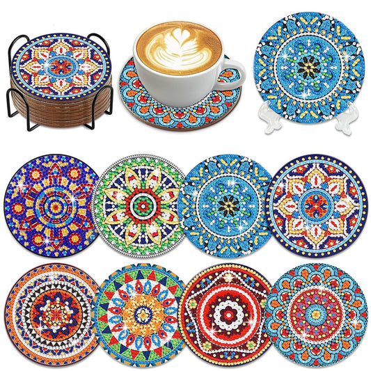 Muzagroo Art Mandala Diamond Painting Coasters with Holder 5D Diamond Art Kits for Beginners Stress-reducing Handicrafts for Adult DIY Coaster Art Craft Supply 8 PCS (Mandala)