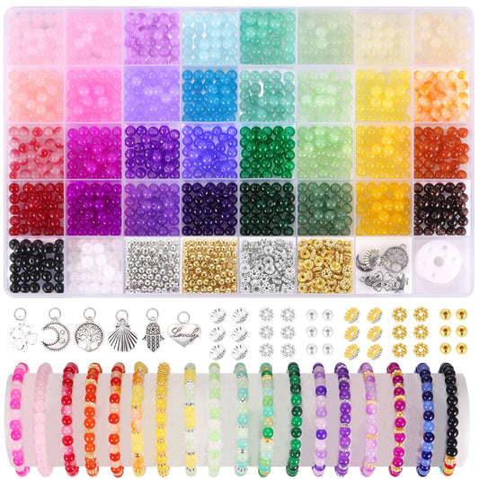 Funtopia 1400 Pcs+ Beads for Bracelets, 34 Colors 6mm Round Glass Beads, Bracelet Making Kit with Colorful Crystal Gemstone Beads Imitative Jade Beads, Charms and Spacer Beads for Jewelry Making and DIY Crafts