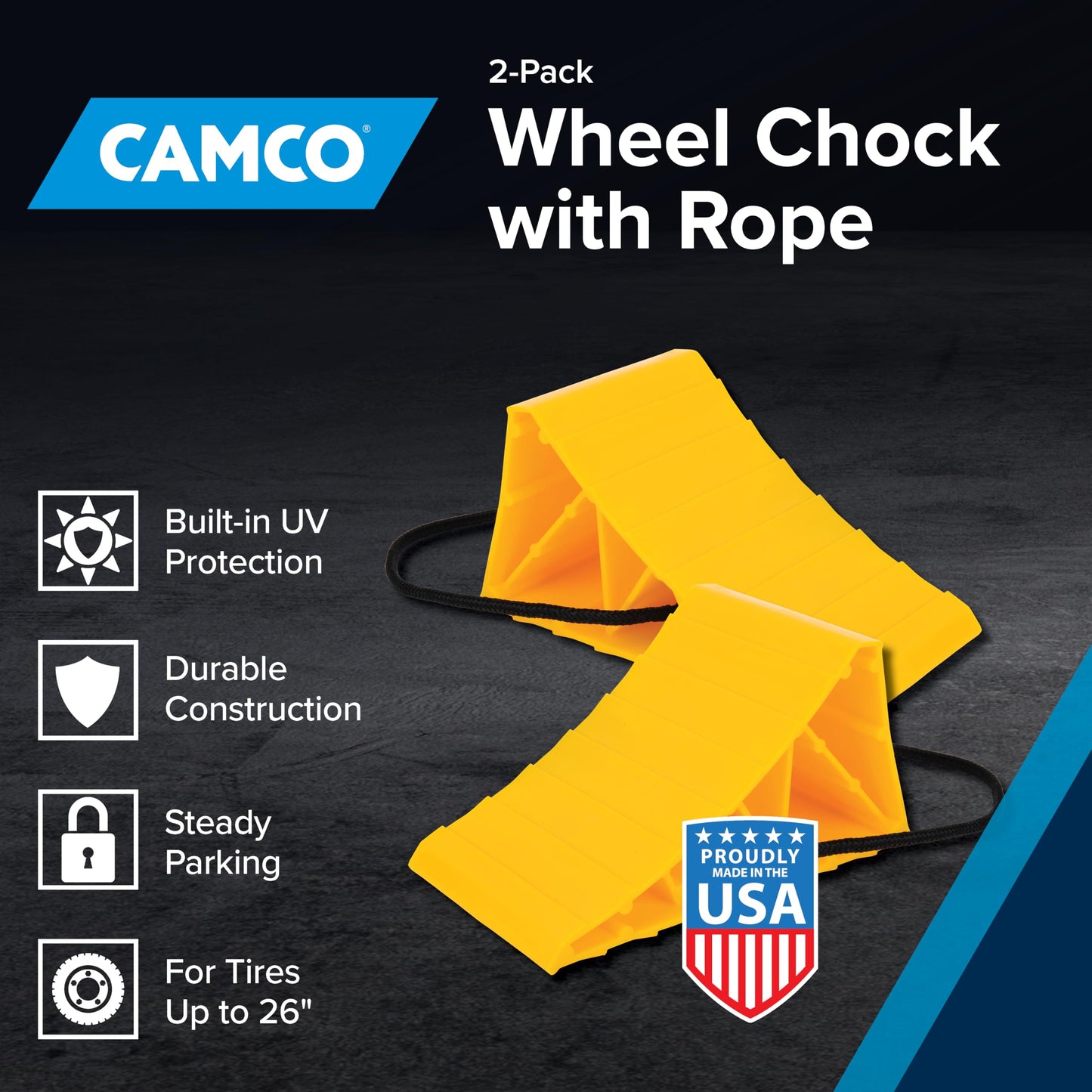 Camco Wheel Chock With Rope For Easy Removal, Helps Keep Your Trailer or RV In Place (Pack of 2), Yellow