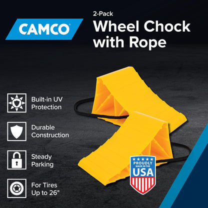 Camco Wheel Chock With Rope For Easy Removal, Helps Keep Your Trailer or RV In Place (Pack of 2), Yellow