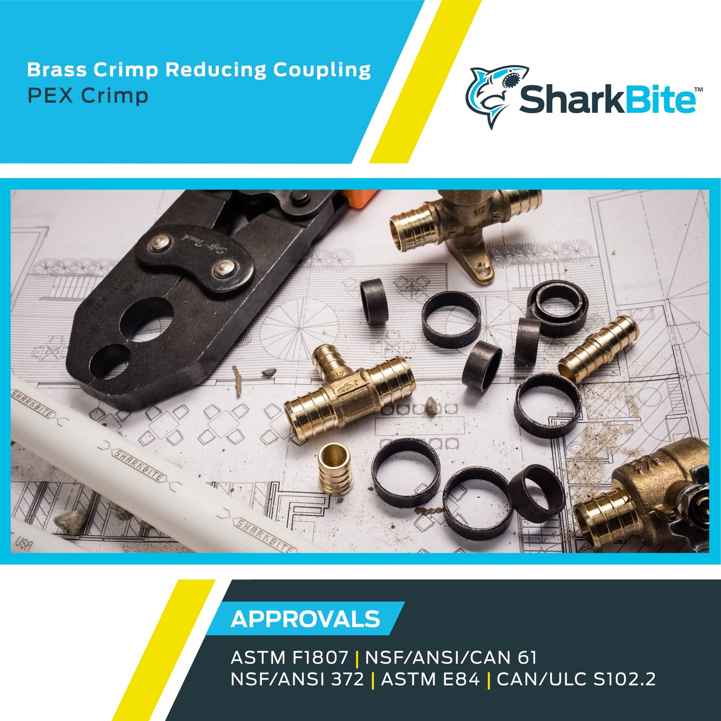 Sharkbite 3/8 Inch x 1/2 Inch Crimp Reducing Coupling, Brass Plumbing Fitting, PEX Pipe, PE-RT, UC009LF, Pack of 10