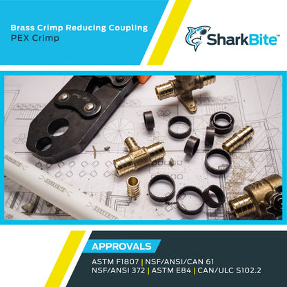 Sharkbite 3/8 Inch x 1/2 Inch Crimp Reducing Coupling, Brass Plumbing Fitting, PEX Pipe, PE-RT, UC009LF, Pack of 10