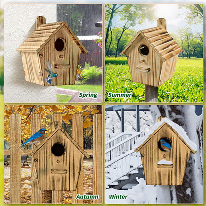 CLACKIBUKVYZ Bird Houses - Wooden Bird House for Outside with Pole - 1-1/2 Inch Entrance Hole for Bluebirds, Wrens, Chickadees, and Tree Swallows - Hanging Birdhouse for Garden