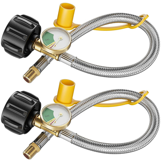 Rushare 15 Inch RV Propane Hose with Gauge, Stainless Steel Braided Camper Propane Hose with 1/4" Male NPT, for Standard 2-Stage Regulator, 2-Pack