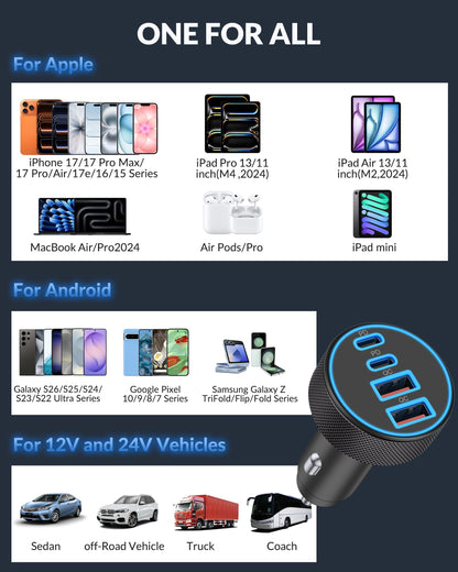 iPhone 17 16 15 Car Charger Fast Charging, 90W 4-Port USB C Fast Car Charger Cigarette Lighter Adapter with 240W 3FT USB-C Cable for iPhone 17/Air/17 Pro/17e/16/15 Pro Max/Plus/16e, iPad, Android