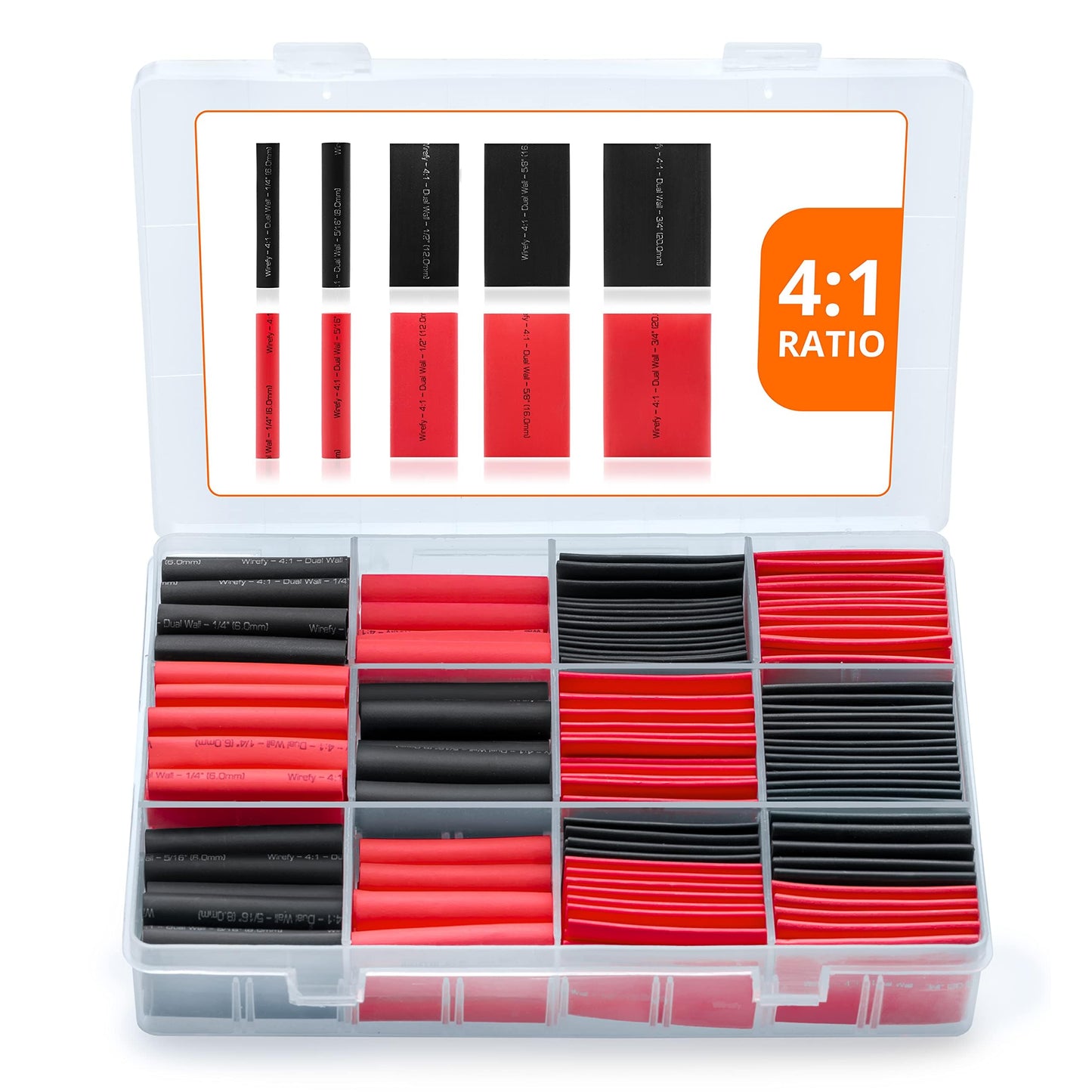 Wirefy Heat Shrink Tubing Kit 190 PCS - 4:1 Ratio Adhesive Lined - Adhesive Heat Shrink with Glue - Black & Red - Heat Shrink Tube Kit, Heat Shrink Assortment, Waterproof Heat-Shrink Tubing