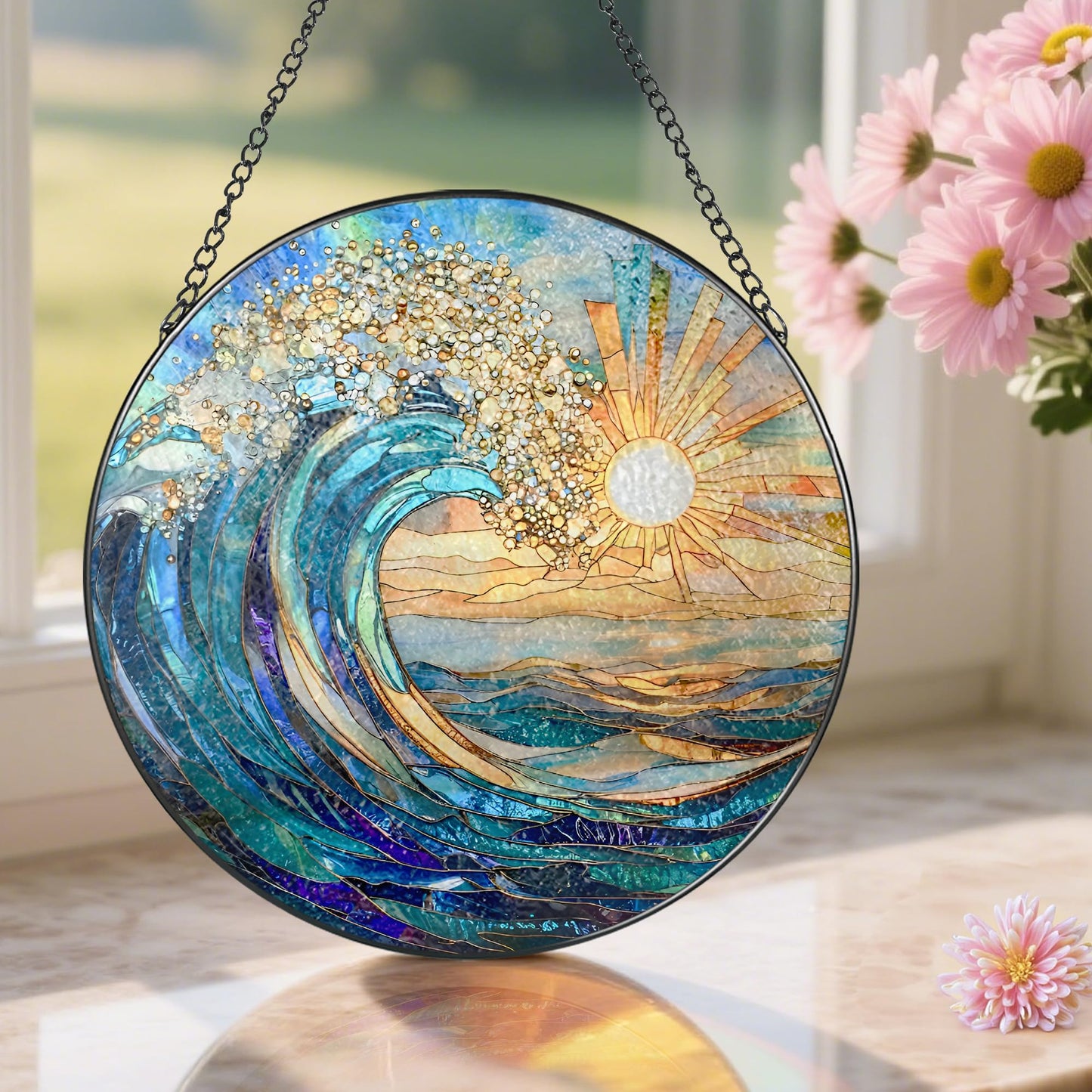 Sea Wave Stained Glass Suncatcher, 8 Inch Ocean Suncatchers for Window Hanging, Beach Lover Gifts, Beach Decor, Coastal Suncatcher, Gifts for Friends, Couples, Family, Colleagues