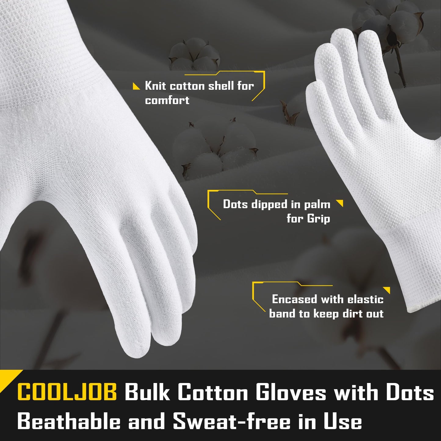 COOLJOB 12 Pairs Cotton Knit Work Gloves with Non-Slip Grip Dots, Breathable Lightweight Gloves for Construction Gardening, White, Medium Size